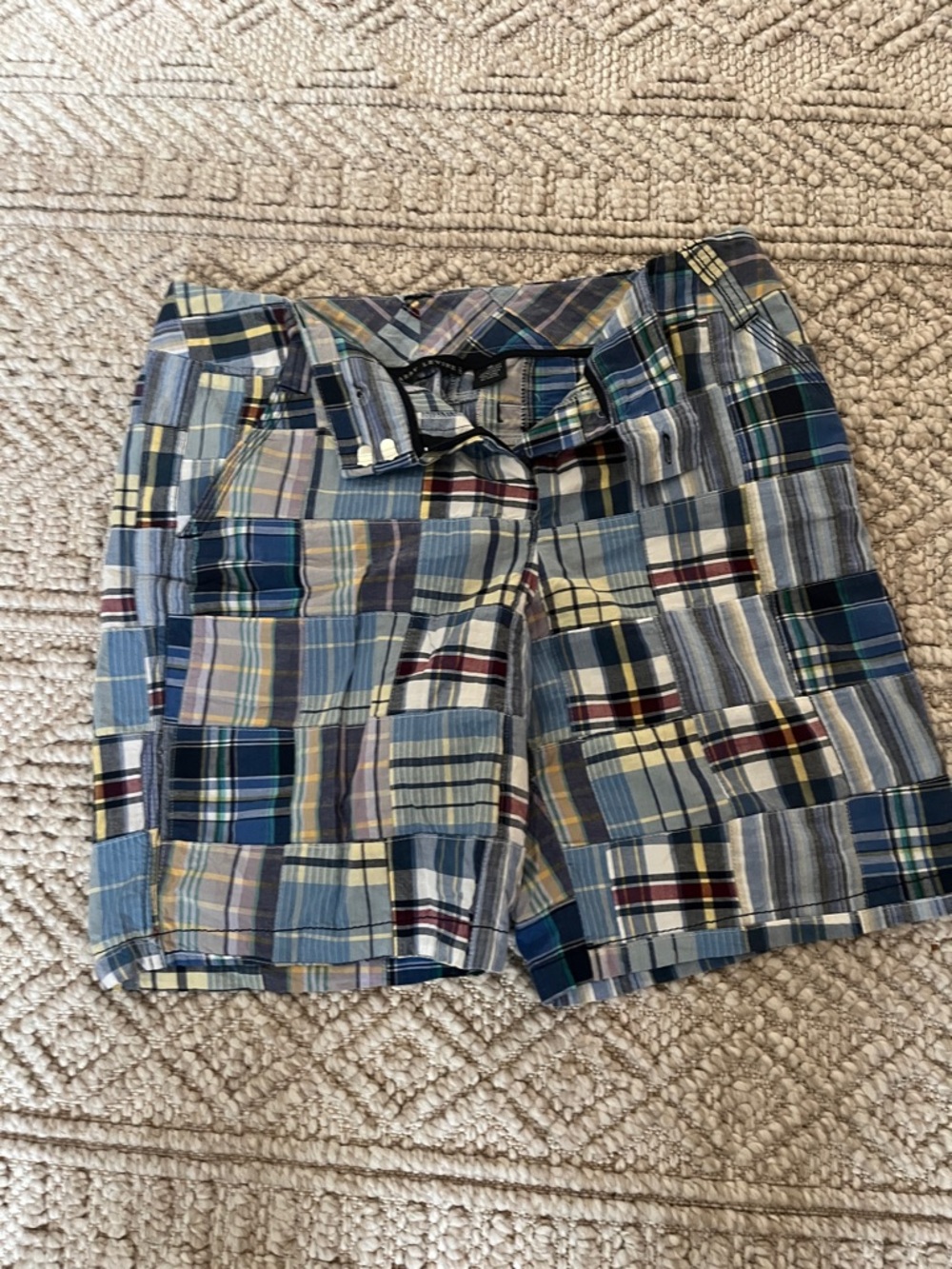 Larry Levine Patchwork Madras Plaid Shorts in Blue and Cream